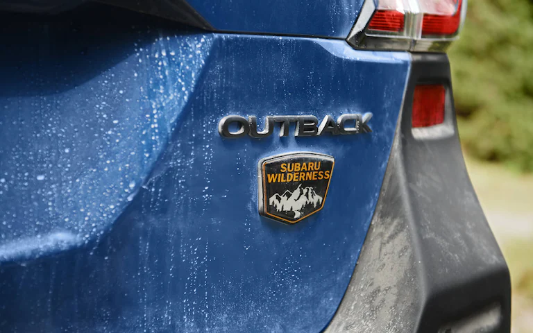 A close up of the rear badge for the 2022 Outback Wilderness.